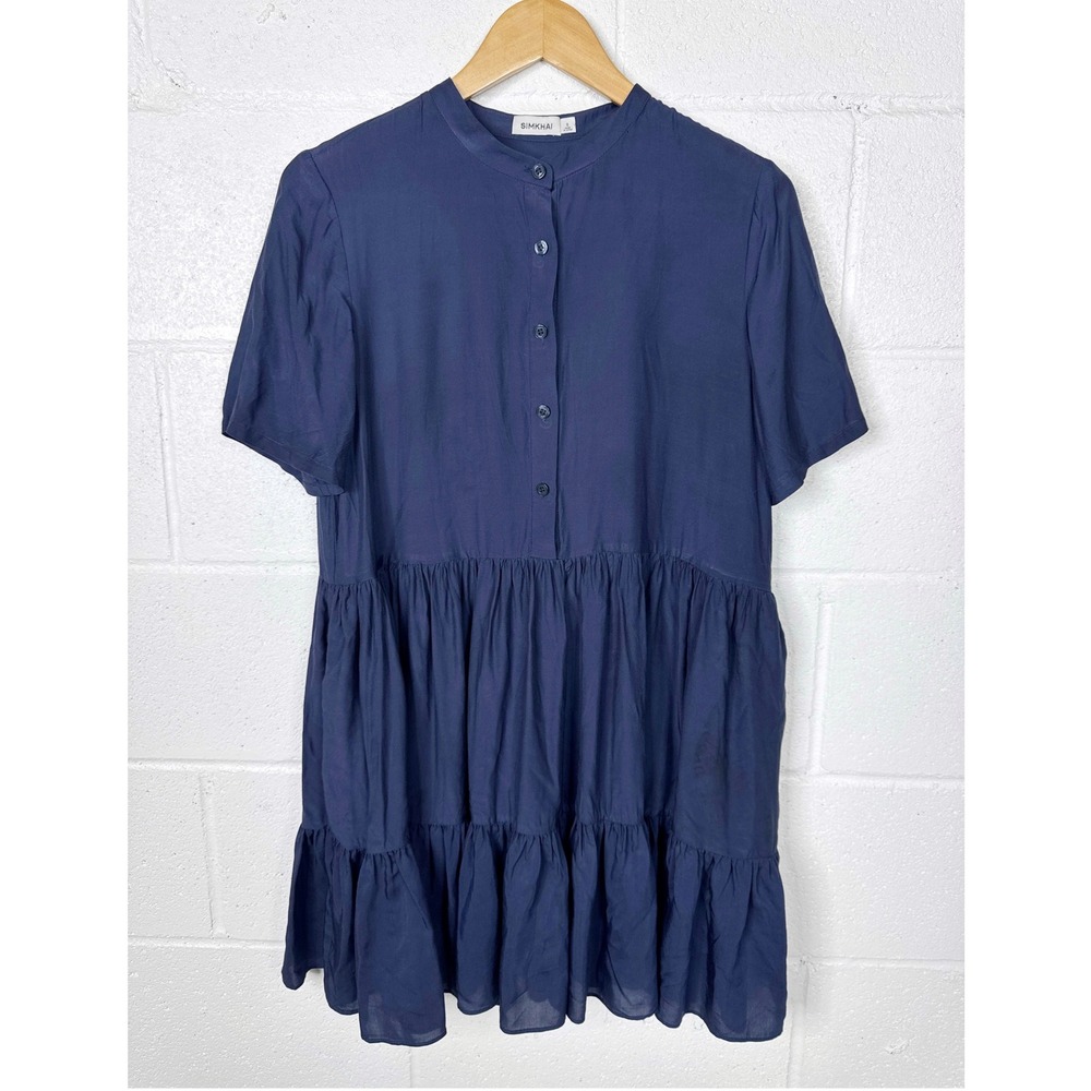 Simkhai Livia Silk Blend Tiered Mini Dress Womens‎ Small Navy Blue Short Sleeve